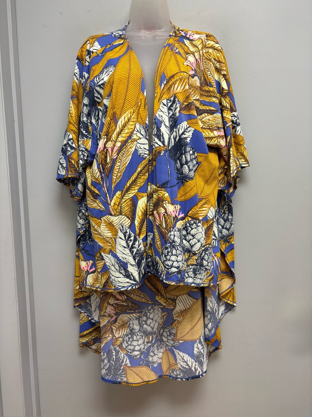 Maaji x Anthropologie Tropical Floral High Low Kimono Cover Up Blue Gold O/S